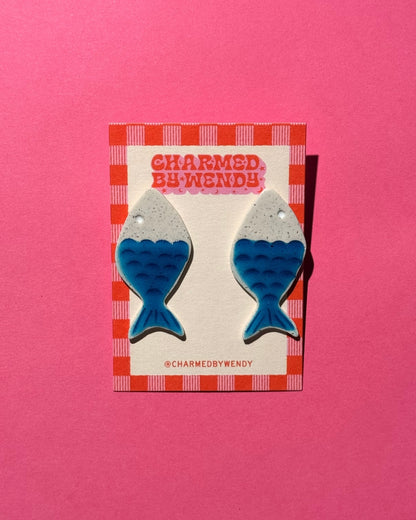 Faux Ceramic Fish Earrings- Blue