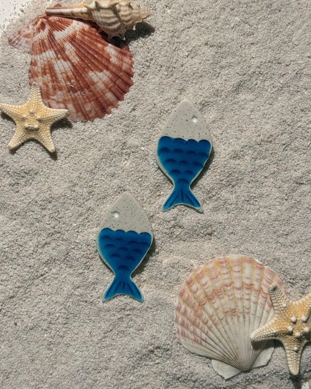 Faux Ceramic Fish Earrings- Blue