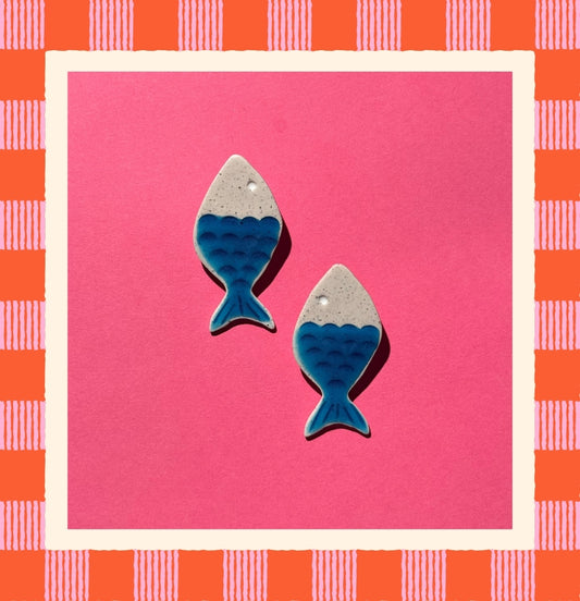 Faux Ceramic Fish Earrings- Blue