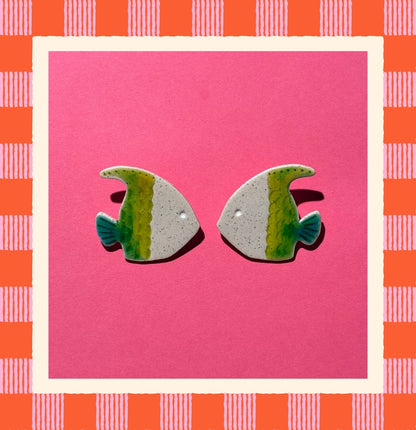 Faux Ceramic Fish Earrings- Green Fish